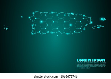 Wire frame 3D mesh polygonal network line. Abstract mash line and point scales on dark background with map of Puerto Rico. Vector illustration eps 10. design polygon sphere.communication world