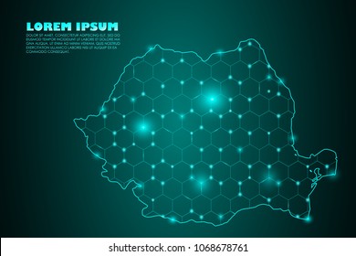 Wire frame 3D mesh polygonal network line. Abstract mash line and point scales on dark background with map of Romania. Vector illustration eps 10. design polygon sphere.communication world