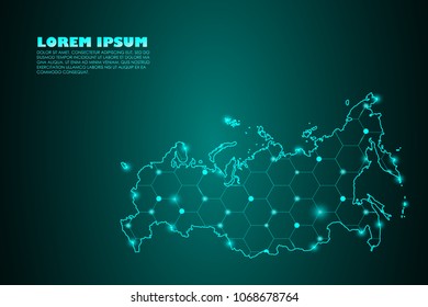 Wire frame 3D mesh polygonal network line. Abstract mash line and point scales on dark background with map of Russia. Vector illustration eps 10. design polygon sphere.communication world