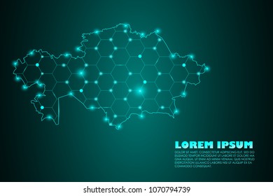 Wire frame 3D mesh polygonal network line. Abstract mash line and point scales on dark background with map of Kazakhstan. Vector illustration eps 10. design polygon sphere.communication world