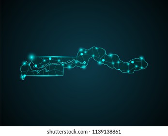 Wire frame 3D mesh polygonal network line. Abstract mash line and point scales on dark background with map of Gambia. Vector illustration eps 10. design polygon sphere.communication world