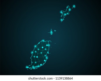 Wire frame 3D mesh polygonal network line. Abstract mash line and point scales on dark background with map of Grenada . Vector illustration eps 10. design polygon sphere.communication world