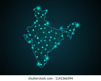 Wire frame 3D mesh polygonal network line. Abstract mash line and point scales on dark background with map of India. Vector illustration eps 10. design polygon sphere.communication world