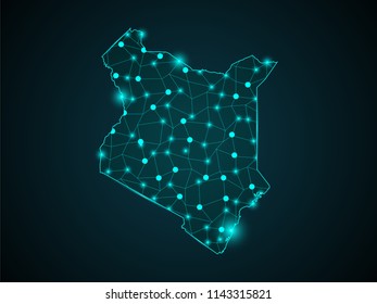 Wire frame 3D mesh polygonal network line. Abstract mash line and point scales on dark background with map of Kenya. Vector illustration eps 10. design polygon sphere.communication world