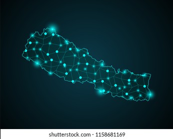 Wire frame 3D mesh polygonal network line. Abstract mash line and point scales on dark background with map of Nepal . Vector illustration eps 10. design polygon sphere.communication world
