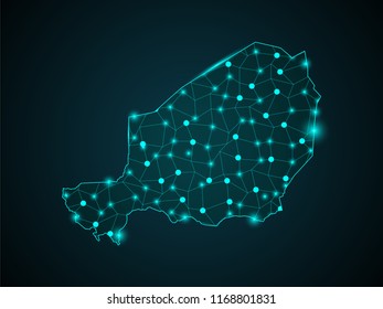 Wire frame 3D mesh polygonal network line. Abstract mash line and point scales on dark background with map of Niger . Vector illustration eps 10. design polygon sphere.communication world