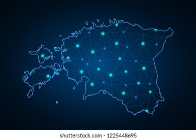 Wire frame 3D mesh polygonal network line, design sphere, dot and structure. communications map of estonia. Vector, Abstract mash line and point scales on dark background with Map of estonia.