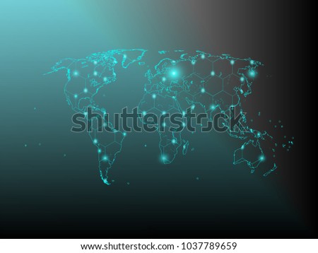 Wire frame 3D mesh polygonal network line. Abstract mash line and point scales on dark background with map of World. Vector illustration eps 10. design polygon sphere.