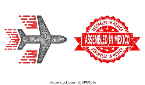 Wire frame aircraft icon, and Assembled in Mexico grunge ribbon seal. Red seal includes Assembled in Mexico text inside ribbon.Geometric wire frame 2D net based on aircraft icon,
