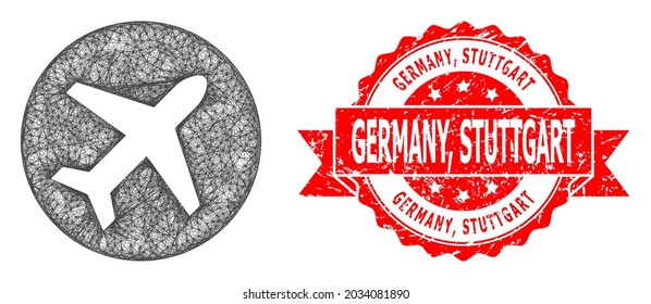 Wire frame airport icon, and Germany, Stuttgart unclean ribbon stamp seal. Red stamp includes Germany, Stuttgart title inside ribbon.Geometric wire frame 2D net based on airport icon,