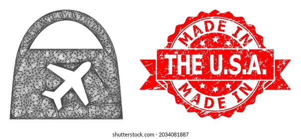 Wire frame airport shopping icon, and Made In The U.S.A. corroded ribbon stamp. Red stamp seal includes Made in the U.S.A. title inside ribbon.