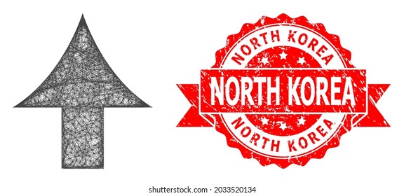 Icono de flecha hacia arriba con marco de cable y sello de cinta sucia de Corea del Norte. El sello rojo tiene el título de Corea del Norte dentro de la cinta. Red geométrica de marco de cable 2D basada en el icono de flecha arriba, generada a partir de líneas de cruce.