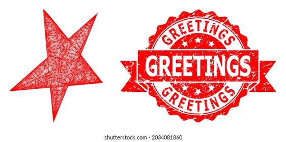 Wire frame asymmetrical star icon, and Greetings grunge ribbon stamp seal. Red stamp seal includes Greetings caption inside ribbon.Geometric hatched frame flat net based on asymmetrical star icon,