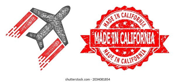 Wire frame aviation icon, and Made in California corroded ribbon stamp seal. Red stamp seal contains Made in California text inside ribbon.Geometric hatched frame 2D net based on aviation icon,