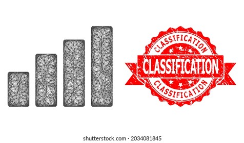 Wire frame bar chart icon, and Classification corroded ribbon seal imitation. Red seal has Classification caption inside ribbon.Geometric wire frame 2D network based on bar chart icon,