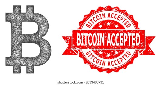 Wire frame bitcoin icon, and Bitcoin Accepted corroded ribbon stamp seal. Red stamp has Bitcoin Accepted title inside ribbon.Geometric linear frame flat network based on bitcoin icon,