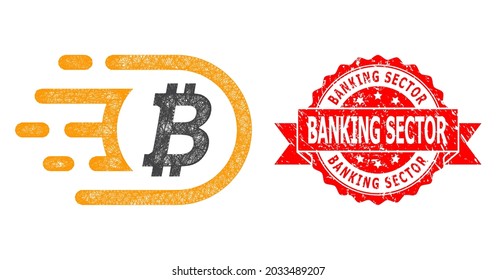 Wire frame bitcoin icon, and Banking Sector rubber ribbon seal print. Red stamp seal has Banking Sector text inside ribbon.Geometric wire frame 2D net based on bitcoin icon,