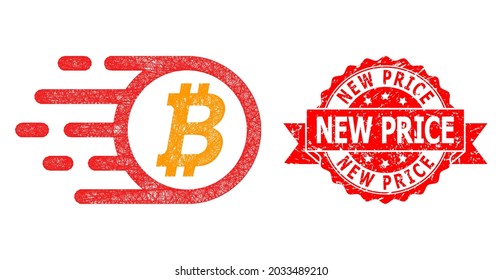 Wire frame bitcoin icon, and New Price dirty ribbon seal imitation. Red stamp seal contains New Price caption inside ribbon.Geometric wire frame 2D net based on bitcoin icon,
