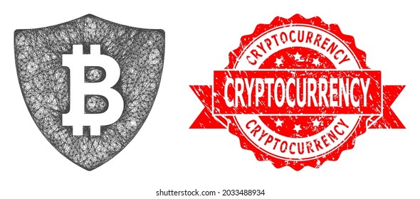 Wire frame bitcoin protection icon, and Cryptocurrency rubber ribbon stamp. Red stamp seal has Cryptocurrency tag inside ribbon.Geometric wire frame 2D network based on bitcoin protection icon,