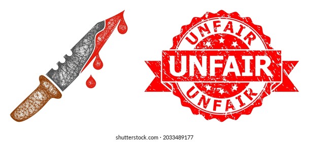 Wire frame blood knife icon, and Unfair grunge ribbon stamp seal. Red stamp seal contains Unfair title inside ribbon.Geometric hatched carcass 2D network based on blood knife icon,