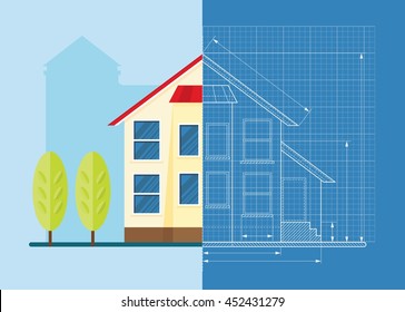 Wire frame blueprint drawing of classic house. Objects isolated on white background. Flat cartoon vector illustration.