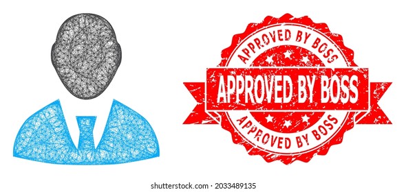 Wire Frame Boss Icon, And Approved By Boss Rubber Ribbon Stamp Seal. Red Stamp Contains Approved By Boss Tag Inside Ribbon.Geometric Wire Frame 2D Network Based On Boss Icon,