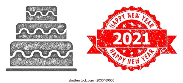 Wire frame cake icon, and Happy New Year 2021 unclean ribbon stamp seal. Red stamp seal includes Happy New Year 2021 caption inside ribbon.Geometric linear frame 2D network based on cake icon,