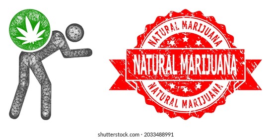Wire Frame Cannabis Kuriersymbol und Natural Marijuana Grunge Band Robbendruck. Rote Stempelrobbe enthält Natural Marijuana Tag in Band.