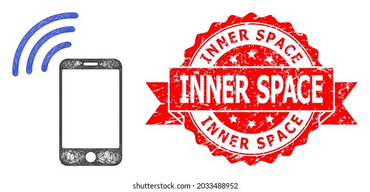 Wire frame cellphone signal icon, and Inner Space textured ribbon stamp seal. Red stamp seal includes Inner Space tag inside ribbon.Geometric hatched frame 2D net based on cellphone signal icon,