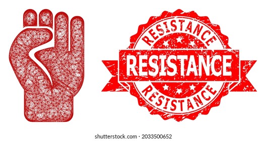 Wire frame clenched fist icon, and Resistance scratched ribbon seal imitation. Red seal has Resistance tag inside ribbon.Geometric wire frame flat net based on clenched fist icon,