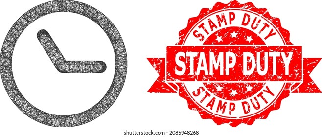 Wire frame clock icon, and Stamp Duty rubber ribbon stamp. Red stamp seal contains Stamp Duty tag inside ribbon.Geometric wire carcass 2D net based on clock icon, generated from crossing lines.