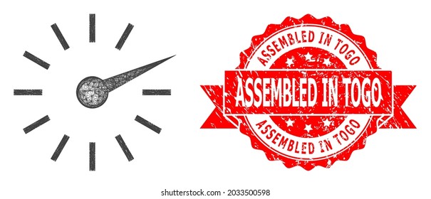 Wire frame clockface icon, and Assembled in Togo scratched ribbon seal print. Red stamp seal includes Assembled in Togo title inside ribbon.Geometric wire frame flat network based on clockface icon,