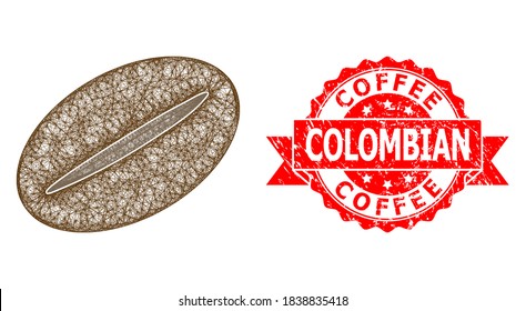 Wire frame coffee bean icon, and Coffee Colombian corroded ribbon stamp seal. Red stamp seal has Coffee Colombian title inside ribbon.Geometric linear frame 2D network based on coffee bean icon,