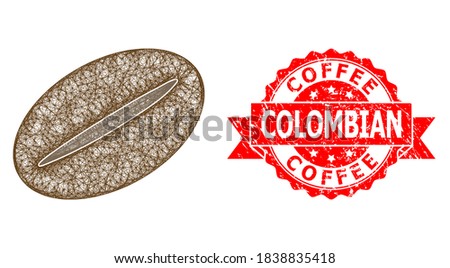 Wire frame coffee bean icon, and Coffee Colombian corroded ribbon stamp seal. Red stamp seal has Coffee Colombian title inside ribbon.Geometric linear frame 2D network based on coffee bean icon,