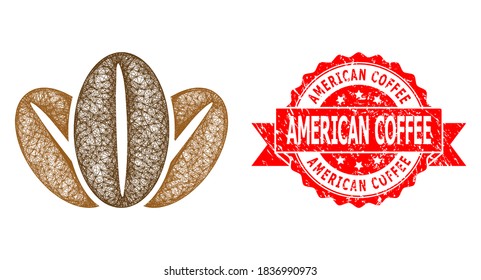 Das Wire-Frame-Kaffeebohnen-Icon und die American Coffee gekratzte Bandmarke. Roter Stempel enthält amerikanische Kaffeekapseln innerhalb des Ribbon.Geometrisches Kabelnetz 2D Netzwerk basierend auf dem Symbol für Kaffeebohnen,