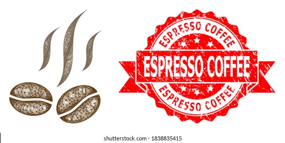 Wire frame coffee beans smell icon, and Espresso Coffee grunge ribbon seal imitation. Red stamp seal has Espresso Coffee title inside ribbon.