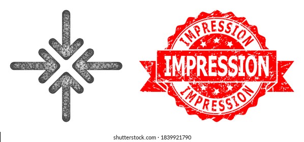 Wire frame collapse arrows icon, and Impression rubber ribbon seal print. Red seal includes Impression tag inside ribbon.Geometric wire frame 2D network based on collapse arrows icon,