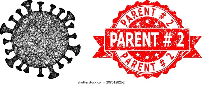 Wire frame coronavirus cell icon, and Parent tag 2 grunge ribbon stamp. Red stamp has Parent tag 2 text inside ribbon.Geometric wire frame flat net based on coronavirus cell icon,