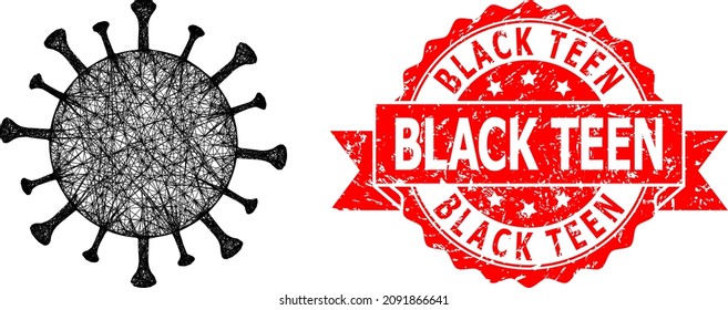 Wire frame Covid-19 virus icon, and Black Teen corroded ribbon seal. Red stamp seal includes Black Teen caption inside ribbon.Geometric hatched frame 2D net based on Covid-19 virus icon,