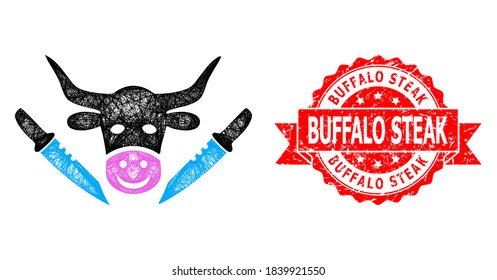 Wire frame cow butchery icon, and Buffalo Steak dirty ribbon watermark. Red stamp seal contains Buffalo Steak caption inside ribbon.Geometric wire frame 2D network based on cow butchery icon,
