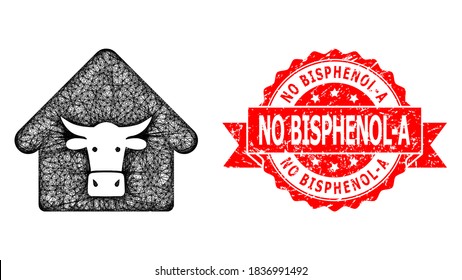 Wire frame cow farm icon, and No Bisphenol-A dirty ribbon stamp. Red stamp contains No Bisphenol-A title inside ribbon.Geometric linear frame 2D net based on cow farm icon,