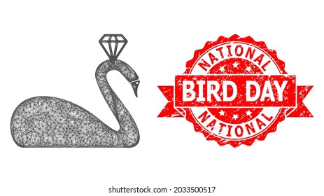 Icono de cisne coronado con marco de cable y imitación del sello de la cinta sucia del Día Nacional de la Ave. El sello rojo incluye el título del Día Nacional de la Ave dentro de la cinta.