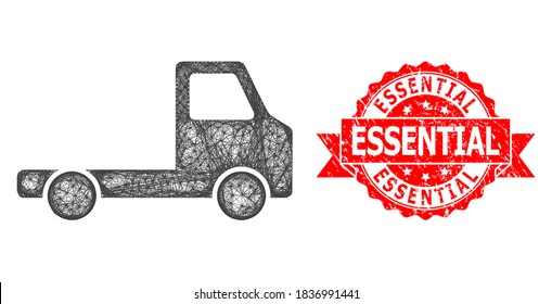 Wire frame delivery car chassi icon, and Essential corroded ribbon seal imitation. Red seal has Essential caption inside ribbon.Geometric wire carcass 2D net based on delivery car chassi icon,