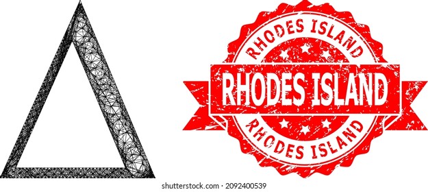 Wire frame Delta letter icon, and Rhodes Island dirty ribbon seal imitation. Red stamp has Rhodes Island text inside ribbon.Geometric wire frame 2D network based on Delta letter icon,