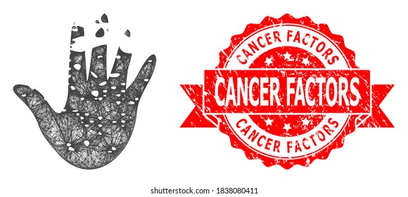 Wire frame destructed hand icon, and Cancer Factors scratched ribbon seal. Red stamp contains Cancer Factors text inside ribbon.Geometric wire frame flat net based on destructed hand icon,