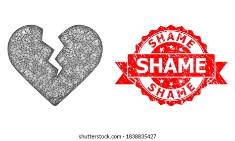 Wire frame divorce heart icon, and Shame scratched ribbon seal print. Red seal includes Shame caption inside ribbon.Geometric wire frame flat network based on divorce heart icon,