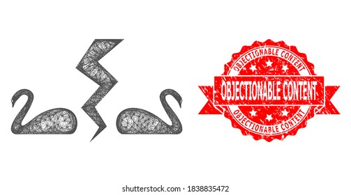 Wire frame divorce swans icon, and Objectionable Content scratched ribbon seal. Red stamp seal has Objectionable Content title inside ribbon.Geometric wire frame 2D net based on divorce swans icon,