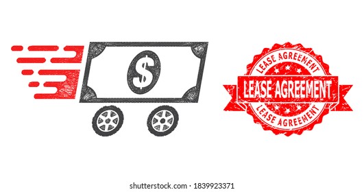Wire frame dollar delivery wagon icon, and Lease Agreement rubber ribbon seal. Red seal includes Lease Agreement tag inside ribbon.