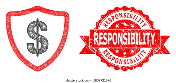 Wire frame dollar protection icon, and Responsibility corroded ribbon stamp seal. Red stamp has Responsibility text inside ribbon.Geometric wire frame 2D network based on dollar protection icon,