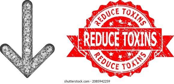 Wire frame down arrow icon, and Reduce Toxins dirty ribbon seal imitation. Red seal contains Reduce Toxins tag inside ribbon.Geometric hatched frame flat network based on down arrow icon,